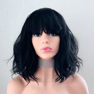 “Put On & Go” Black Premium Fiber 12” Wig with Bangs for Daily Wear or Events